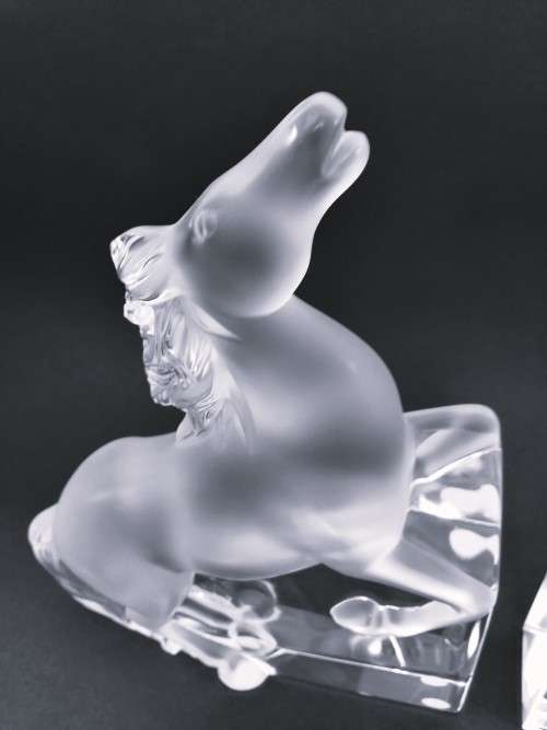 Pair of Lalique clear and frosted crystal Kazak rearing horse bookends designed by Marie-Claude