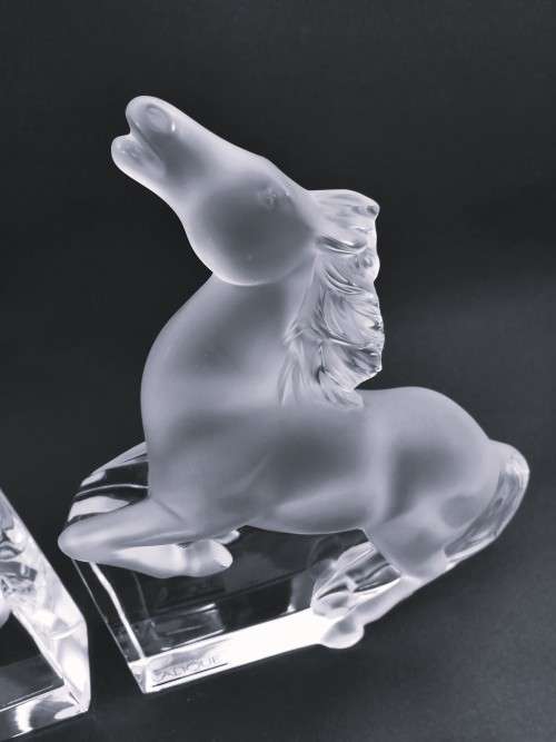 Pair of Lalique clear and frosted crystal Kazak rearing horse bookends designed by Marie-Claude