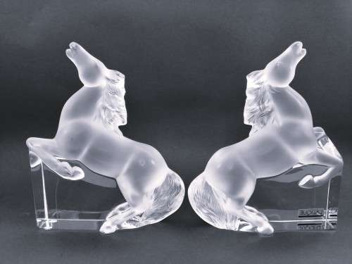 Pair of Lalique clear and frosted crystal Kazak rearing horse bookends designed by Marie-Claude