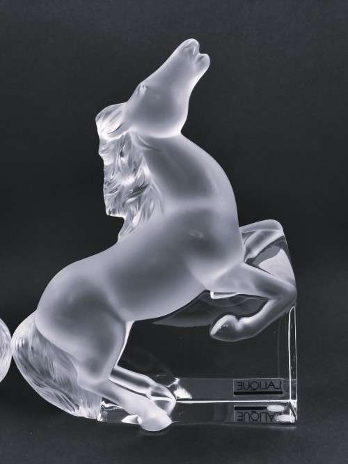 Pair of Lalique clear and frosted crystal Kazak rearing horse bookends designed by Marie-Claude