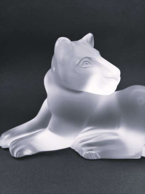 Lalique frosted crystal recumbent Simba Lioness figurine, signed Lalique France