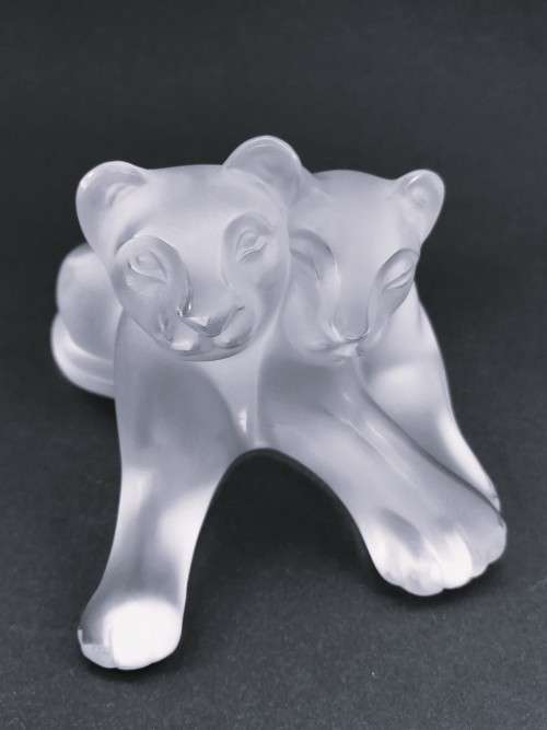 Lalique frosted crystal Tambwee Lion Cubs figurine, designed by Marie-Claude Lalique