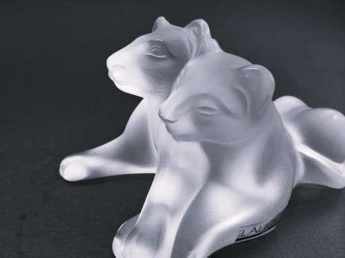 Lalique frosted crystal Tambwee Lion Cubs figurine, designed by Marie-Claude Lalique