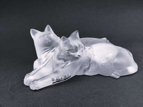 Lalique frosted crystal `Reclining Cats` figurine, designed by Marc Lalique