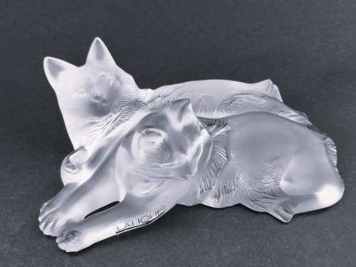 Lalique frosted crystal `Reclining Cats` figurine, designed by Marc Lalique