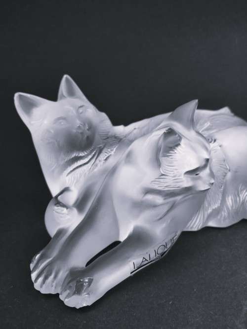 Lalique frosted crystal `Reclining Cats` figurine, designed by Marc Lalique