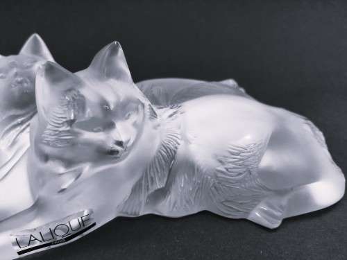 Lalique frosted crystal `Reclining Cats` figurine, designed by Marc Lalique