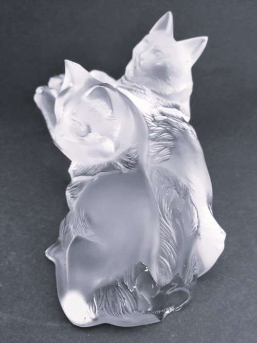 Lalique frosted crystal `Reclining Cats` figurine, designed by Marc Lalique