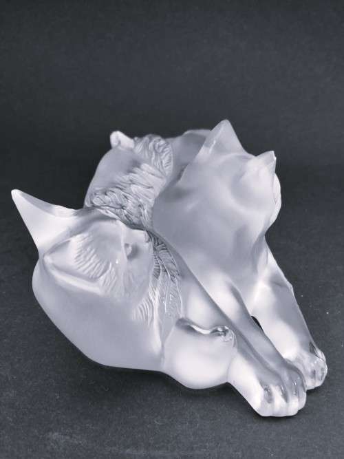 Lalique frosted crystal `Reclining Cats` figurine, designed by Marc Lalique