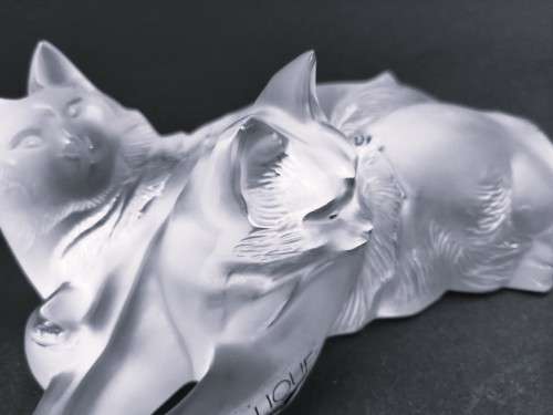 Lalique frosted crystal `Reclining Cats` figurine, designed by Marc Lalique