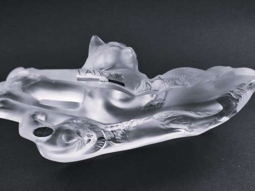 Lalique frosted crystal `Reclining Cats` figurine, designed by Marc Lalique