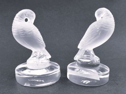 Pair Lalique France Frosted Crystal Bird Glass Figurine Place Card Setting