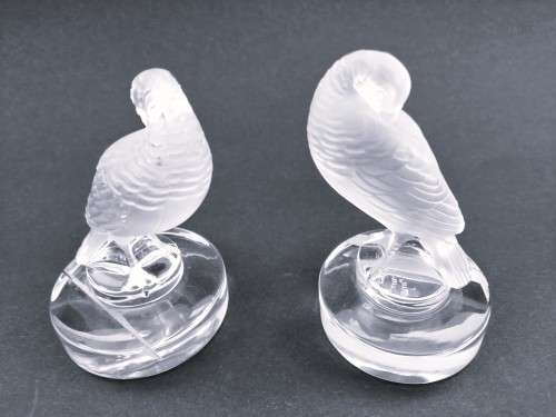 Pair Lalique France Frosted Crystal Bird Glass Figurine Place Card Setting