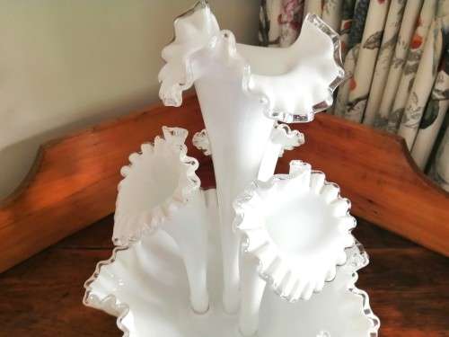 Rare vintage Fenton milk glass Silver Crest four horn epergne Centerpiece