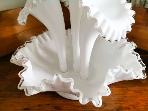 Rare vintage Fenton milk glass Silver Crest four horn epergne Centerpiece