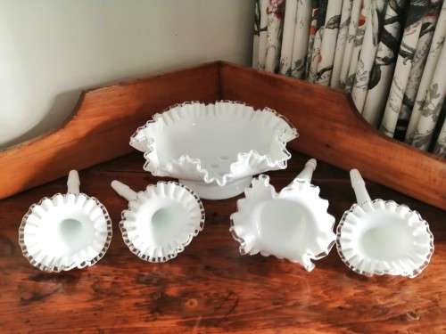 Rare vintage Fenton milk glass Silver Crest four horn epergne Centerpiece