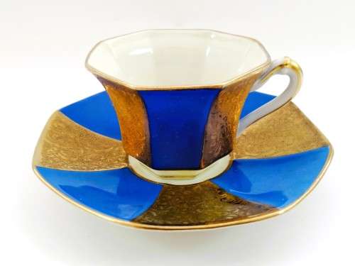 ALKA KUNST KRONACH BAVARIA GERMANY 1950S BLUE AND GOLD DEMITASSE TEACUP AND SAUCER