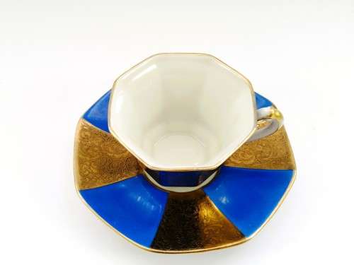 ALKA KUNST KRONACH BAVARIA GERMANY 1950S BLUE AND GOLD DEMITASSE TEACUP AND SAUCER