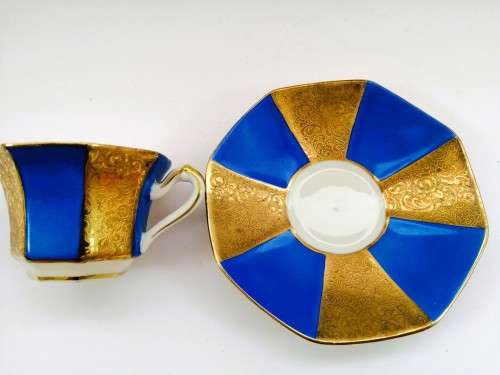 ALKA KUNST KRONACH BAVARIA GERMANY 1950S BLUE AND GOLD DEMITASSE TEACUP AND SAUCER