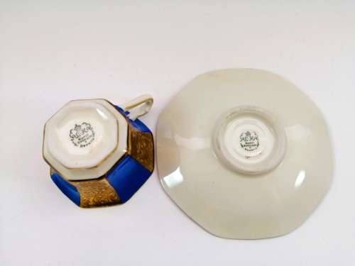 ALKA KUNST KRONACH BAVARIA GERMANY 1950S BLUE AND GOLD DEMITASSE TEACUP AND SAUCER