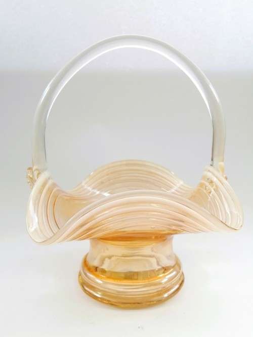 STRETCHED AMBER GLASS BASKET WITH LATTIMO GLASS FILIGRANA SWIRLS AND APPLIED HANDLE
