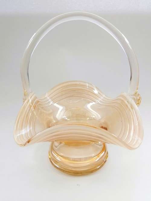 STRETCHED AMBER GLASS BASKET WITH LATTIMO GLASS FILIGRANA SWIRLS AND APPLIED HANDLE