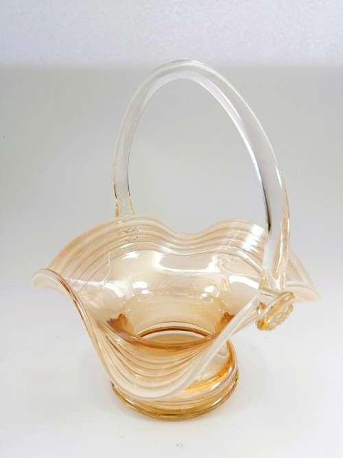 STRETCHED AMBER GLASS BASKET WITH LATTIMO GLASS FILIGRANA SWIRLS AND APPLIED HANDLE