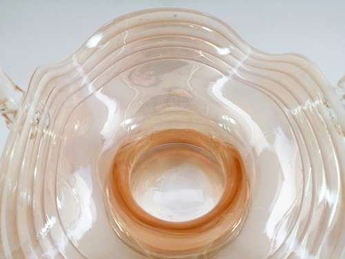 STRETCHED AMBER GLASS BASKET WITH LATTIMO GLASS FILIGRANA SWIRLS AND APPLIED HANDLE
