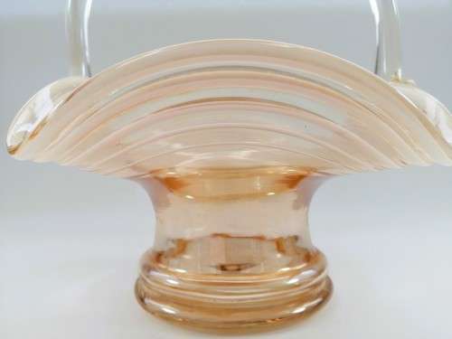 STRETCHED AMBER GLASS BASKET WITH LATTIMO GLASS FILIGRANA SWIRLS AND APPLIED HANDLE