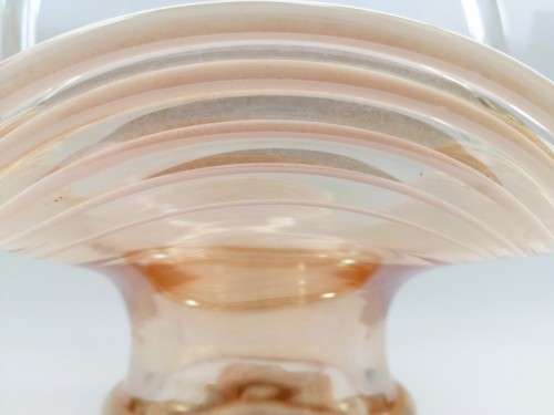STRETCHED AMBER GLASS BASKET WITH LATTIMO GLASS FILIGRANA SWIRLS AND APPLIED HANDLE