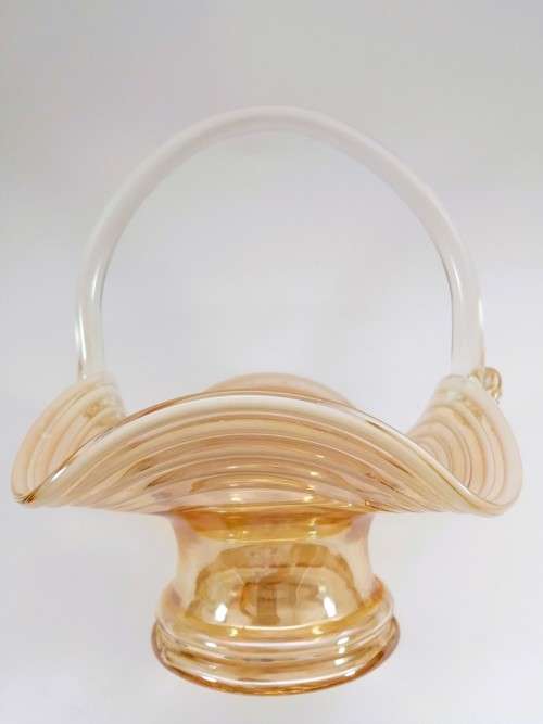 STRETCHED AMBER GLASS BASKET WITH LATTIMO GLASS FILIGRANA SWIRLS AND APPLIED HANDLE