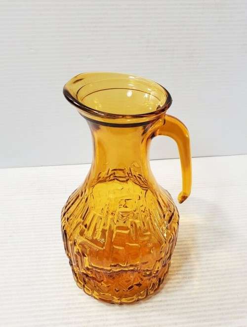 Vintage Italian Amber Glass Pitcher - Vintage Retro Italian Textured Amber Glass Jug