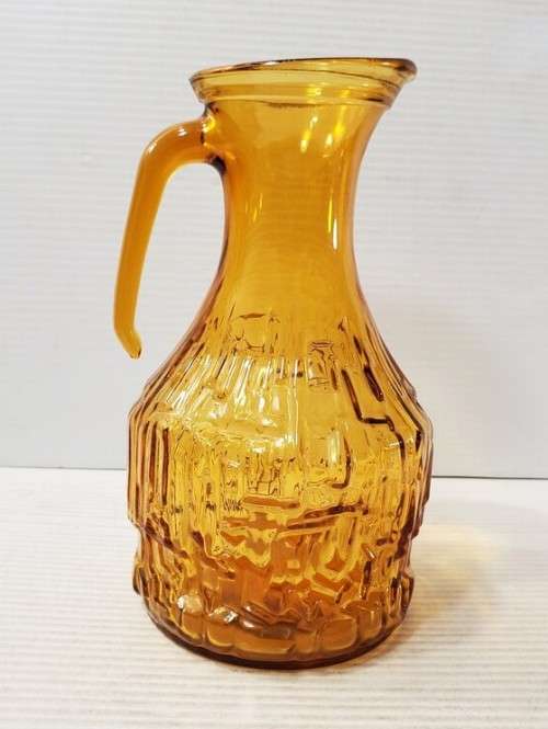 Vintage Italian Amber Glass Pitcher - Vintage Retro Italian Textured Amber Glass Jug
