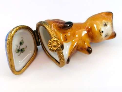 Limoges France Trinket Box Ginger Cat Kitten Peint Main Marque