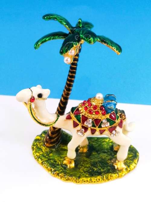 WONDERFUL ARABIC TRINKET BOX OF A ENAMELED JEWELED CAMEL AND PALM TREE