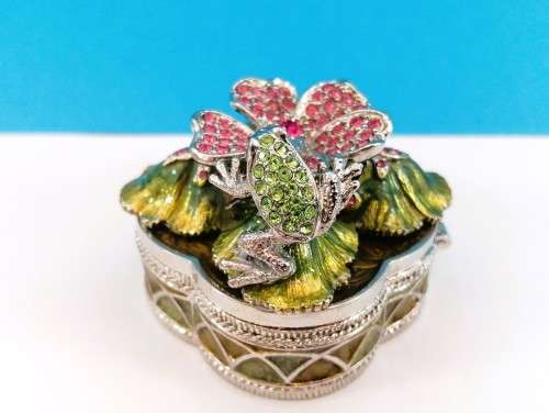 Jeweled Silver Trinket Box Flower with Frog Hand Set Swarovski Crystals & Enamel