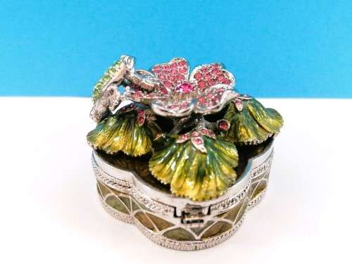 Jeweled Silver Trinket Box Flower with Frog Hand Set Swarovski Crystals & Enamel