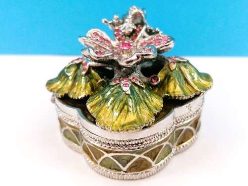 Jeweled Silver Trinket Box Flower with Frog Hand Set Swarovski Crystals & Enamel