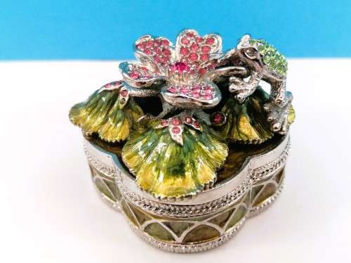Jeweled Silver Trinket Box Flower with Frog Hand Set Swarovski Crystals & Enamel