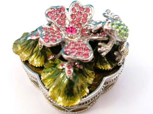 Jeweled Silver Trinket Box Flower with Frog Hand Set Swarovski Crystals & Enamel