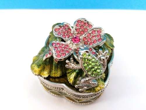 Jeweled Silver Trinket Box Flower with Frog Hand Set Swarovski Crystals & Enamel