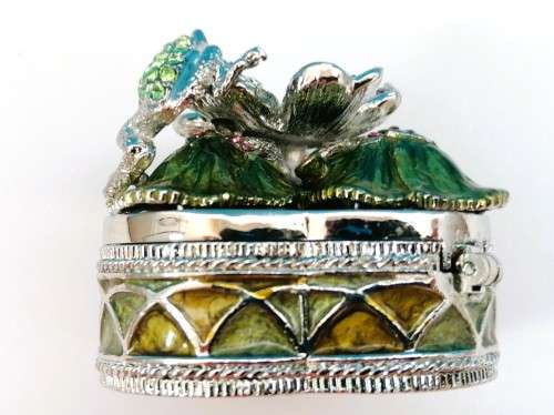 Jeweled Silver Trinket Box Flower with Frog Hand Set Swarovski Crystals & Enamel