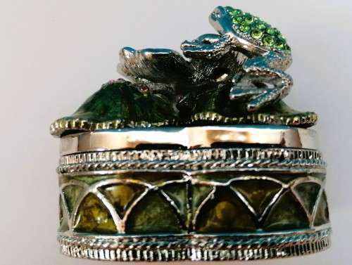 Jeweled Silver Trinket Box Flower with Frog Hand Set Swarovski Crystals & Enamel