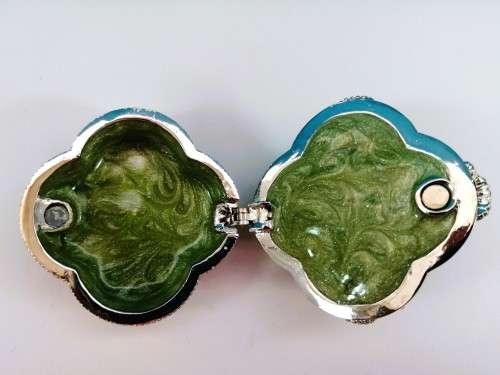 Jeweled Silver Trinket Box Flower with Frog Hand Set Swarovski Crystals & Enamel