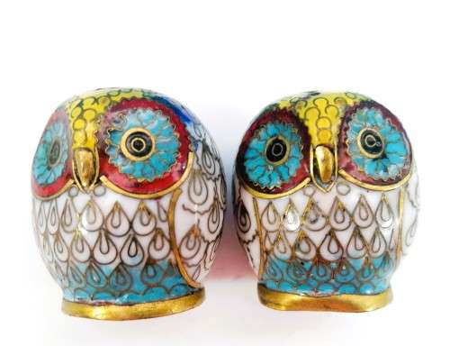 Vintage Cloisonne Enamel Owl Salt Pepper Shakers