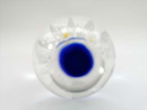 COBALT BLUE AND WHITE SPRAY FLOWER GLASS PAPERWEIGHT WITH CONTROLLED BUBBLE ART