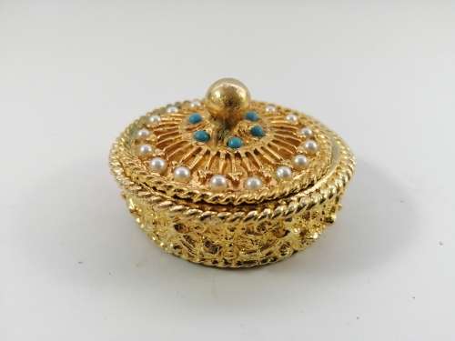 Gold plated trinket pill box by Mirella, faux pearls turquoise 1950s