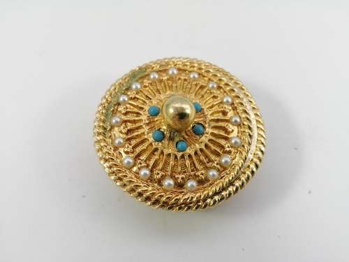 Gold plated trinket pill box by Mirella, faux pearls turquoise 1950s
