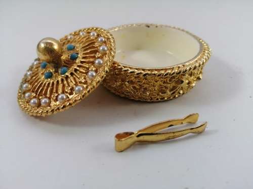 Gold plated trinket pill box by Mirella, faux pearls turquoise 1950s