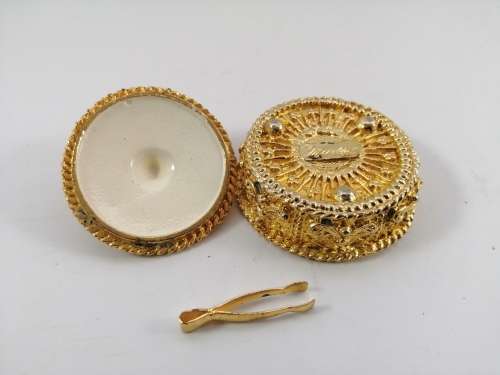Gold plated trinket pill box by Mirella, faux pearls turquoise 1950s